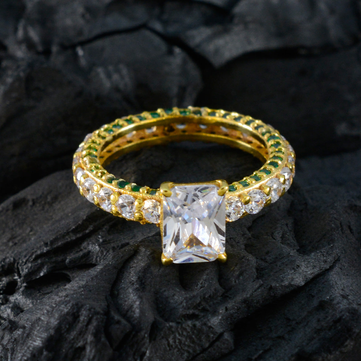 Riyo Gemstone Silver Ring With Yellow Gold Plating Emerald CZ Stone Octagon Shape Prong Setting Handamde Jewelry Black Friday Ring