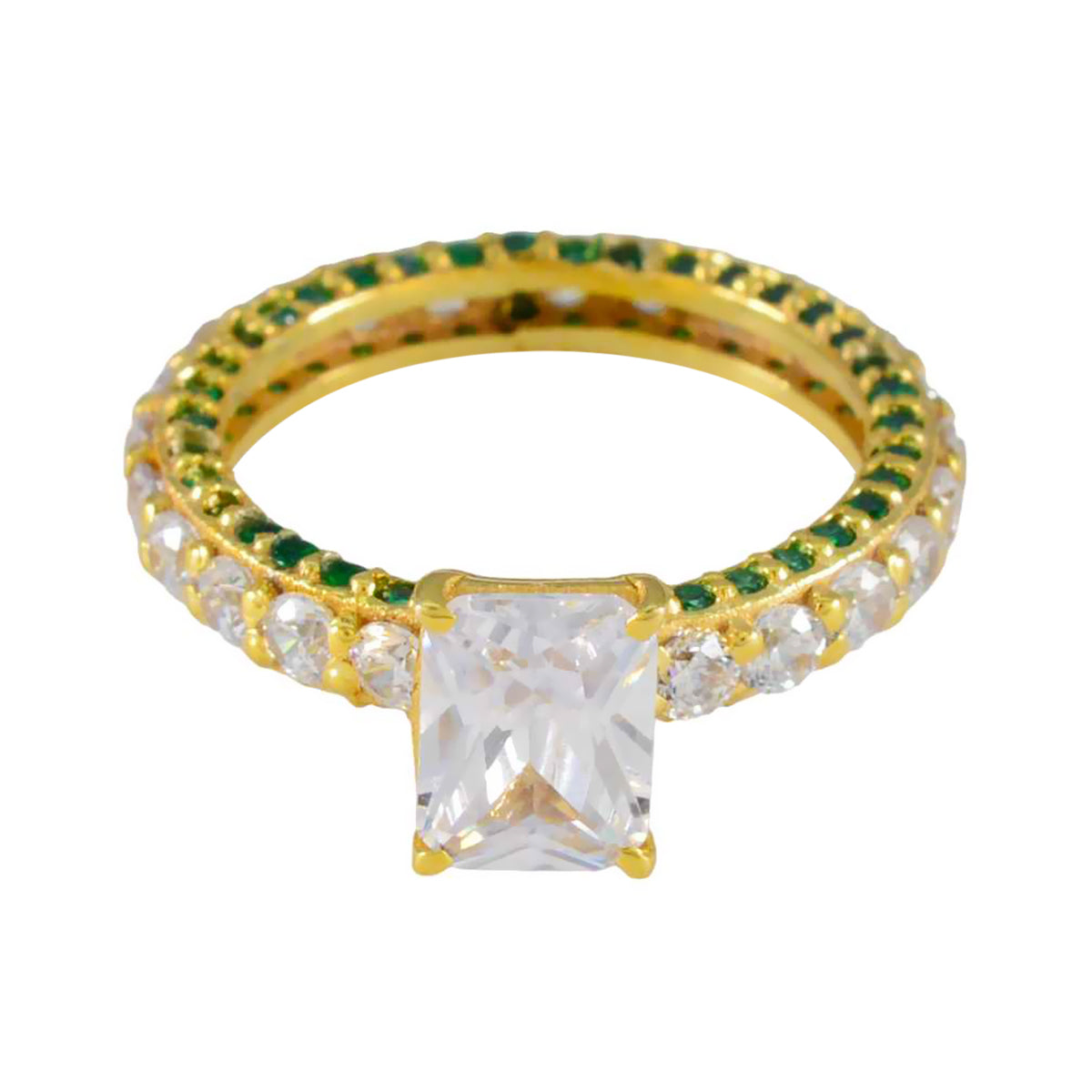 Riyo Gemstone Silver Ring With Yellow Gold Plating Emerald CZ Stone Octagon Shape Prong Setting Handamde Jewelry Black Friday Ring