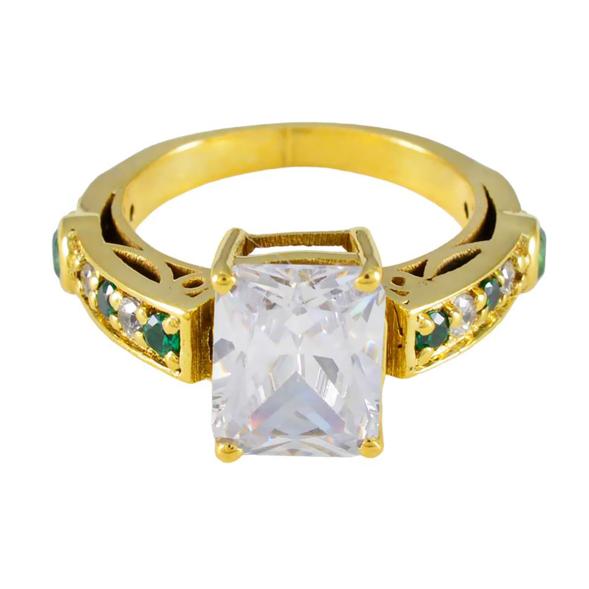 Precioso anillo de plata riyo con chapado en oro amarillo, piedra de circonia cúbica esmeralda, ajuste de punta en forma de octágono, joyería personalizada, anillo de Navidad