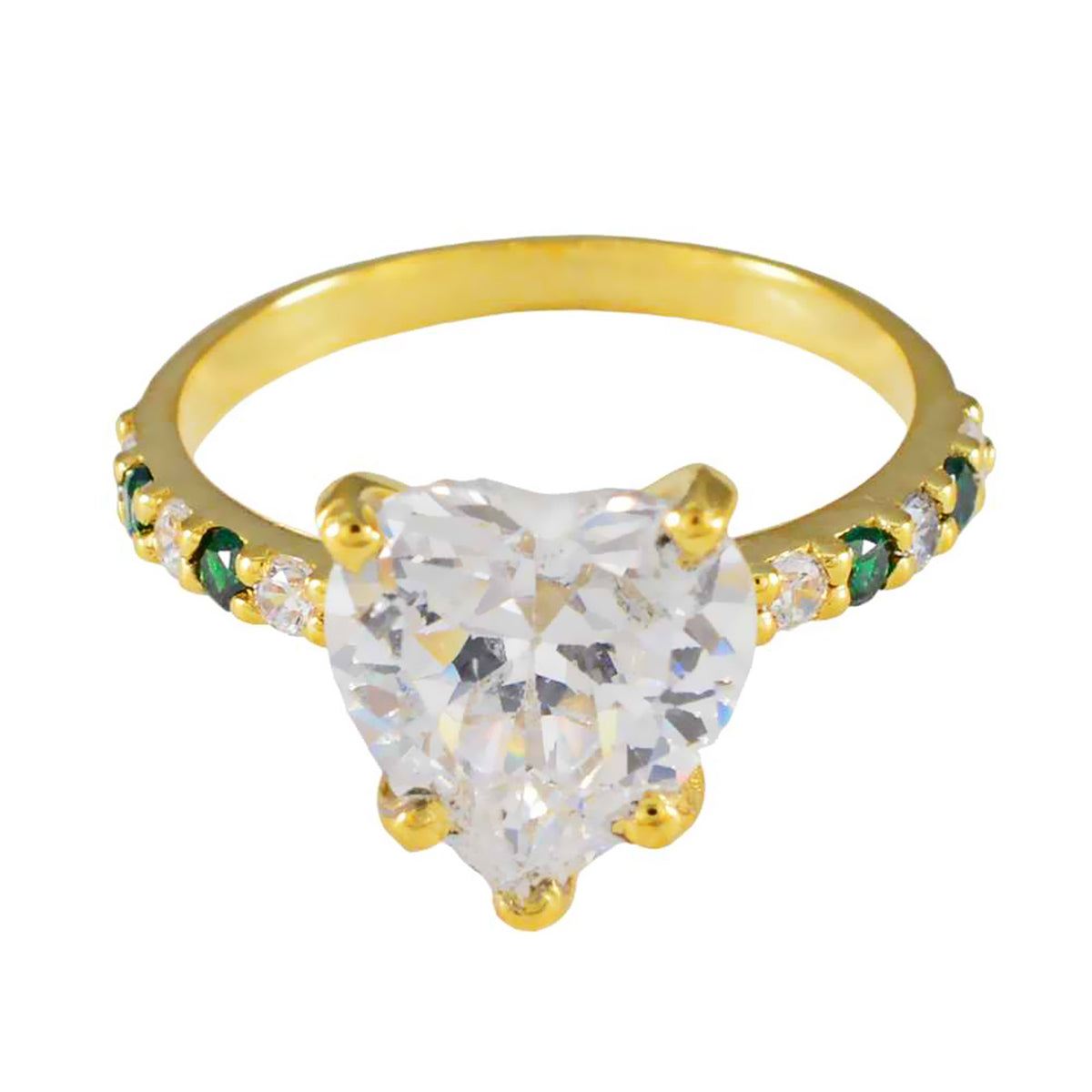 Riyo In Bulk Silver Ring With Yellow Gold Plating Emerald CZ Stone Heart Shape Prong Setting Stylish Jewelry Cocktail Ring