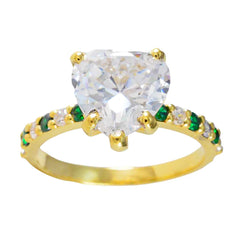 Riyo In Bulk Silver Ring With Yellow Gold Plating Emerald CZ Stone Heart Shape Prong Setting Stylish Jewelry Cocktail Ring