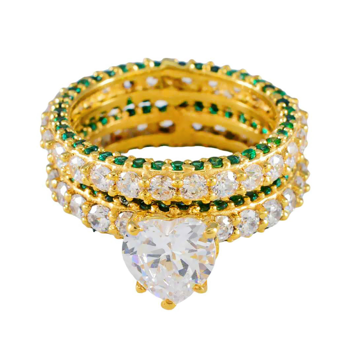 Riyo en quantité bague en argent avec placage en or jaune émeraude cz pierre coeur forme broche réglage bijoux de mode bague de pâques