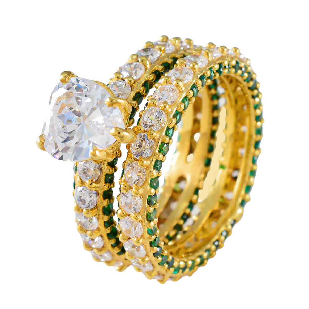 Riyo In Quantity Silver Ring With Yellow Gold Plating Emerald CZ Stone Heart Shape Prong Setting Fashion Jewelry Easter Ring