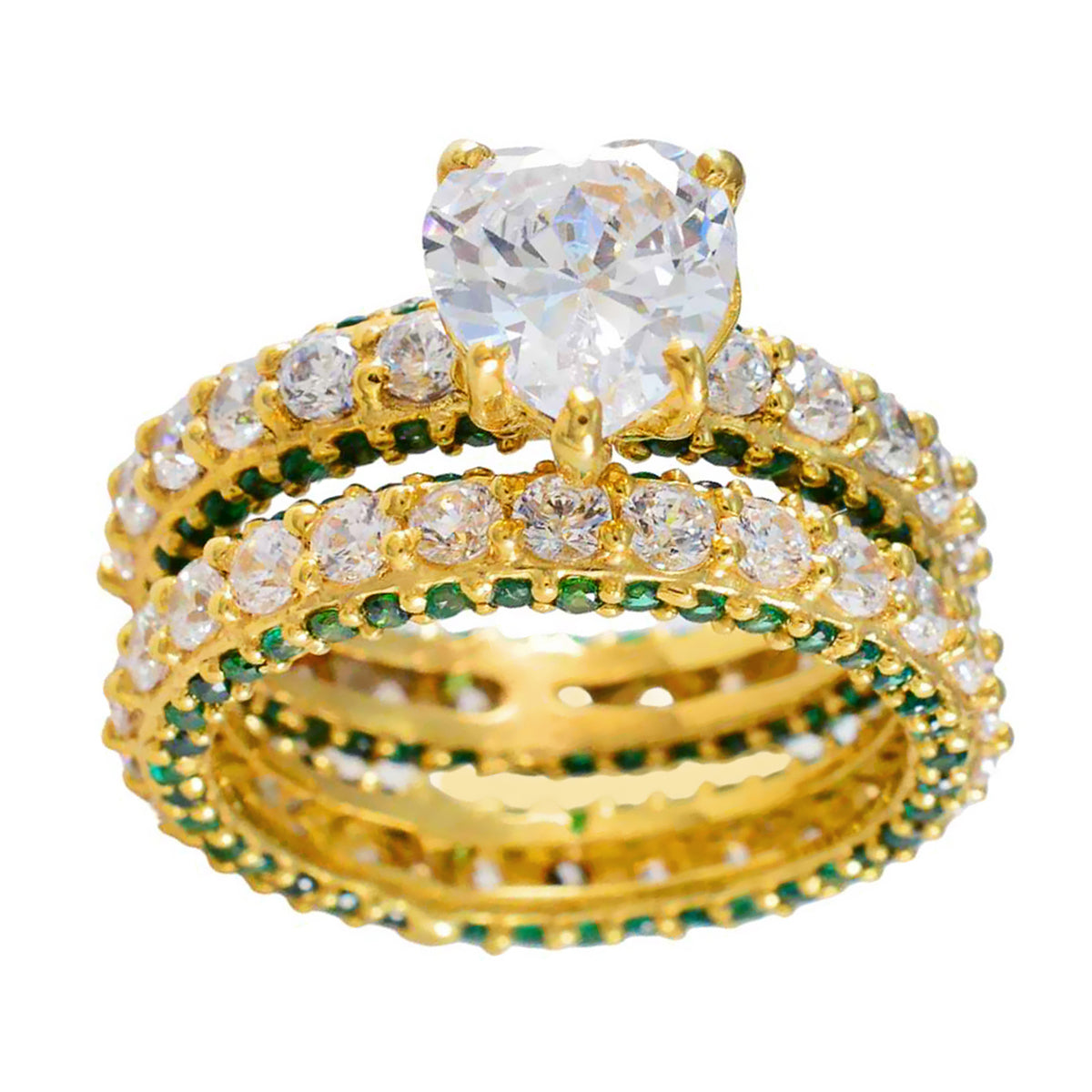 Riyo In Quantity Silberring mit gelber Vergoldung, Smaragd-CZ-Stein, herzförmige Krappenfassung, Modeschmuck, Osterring