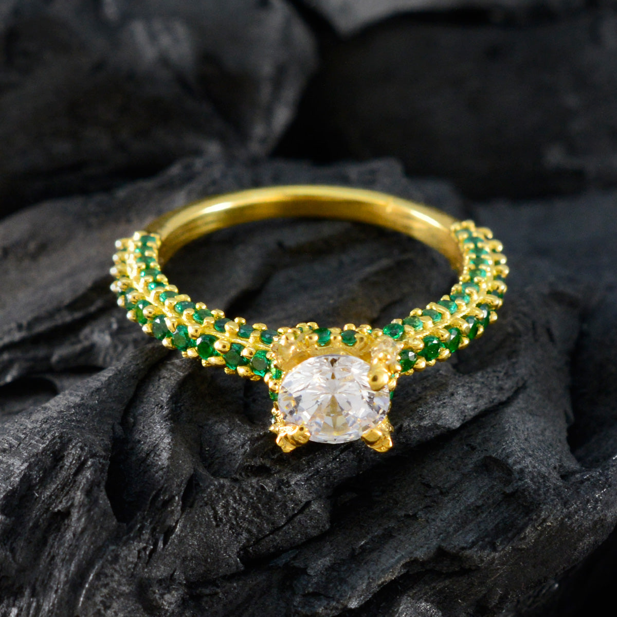 Серебряное кольцо Riyo India с покрытием из желтого золота, изумрудный камень cz, круглая форма, закрепка, дизайнерские украшения, обручальное кольцо