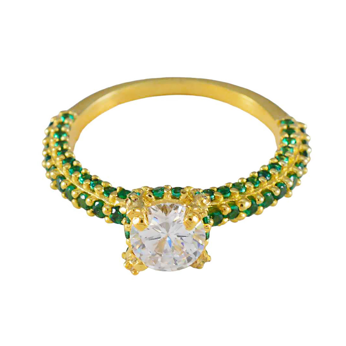 Riyo India Silberring mit Gelbgoldbeschichtung, Smaragd-CZ-Stein, runde Form, Krappenfassung, Designer-Schmuck, Verlobungsring