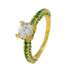 Riyo India Silver Ring With Yellow Gold Plating Emerald CZ Stone Round Shape Prong Setting Designer Jewelry Engagement Ring