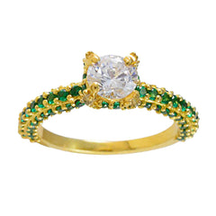 Riyo India Silver Ring With Yellow Gold Plating Emerald CZ Stone Round Shape Prong Setting Designer Jewelry Engagement Ring