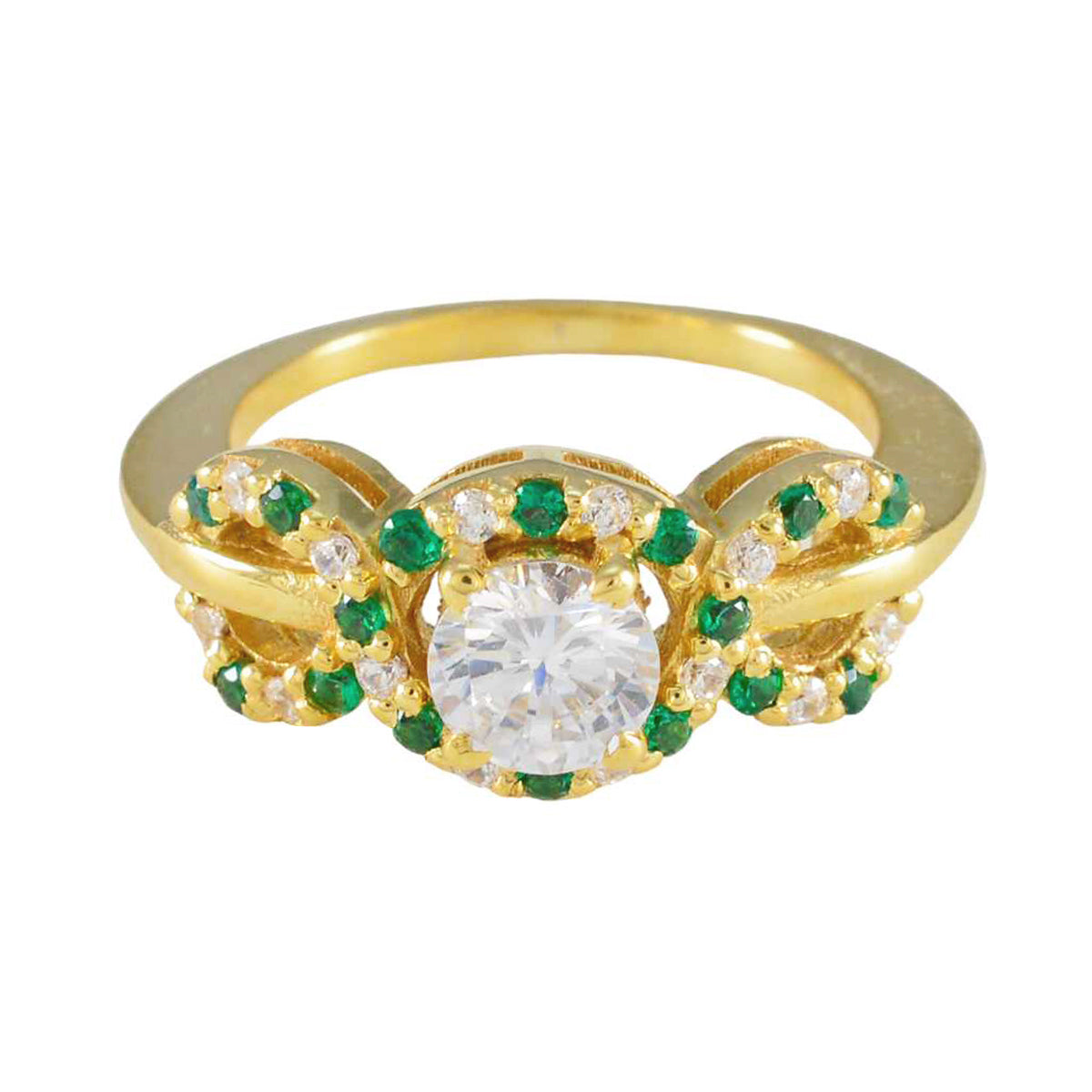 Riyo Indian Silver Ring With Yellow Gold Plating Emerald CZ Stone Round Shape Prong Setting  Jewelry Fathers Day Ring