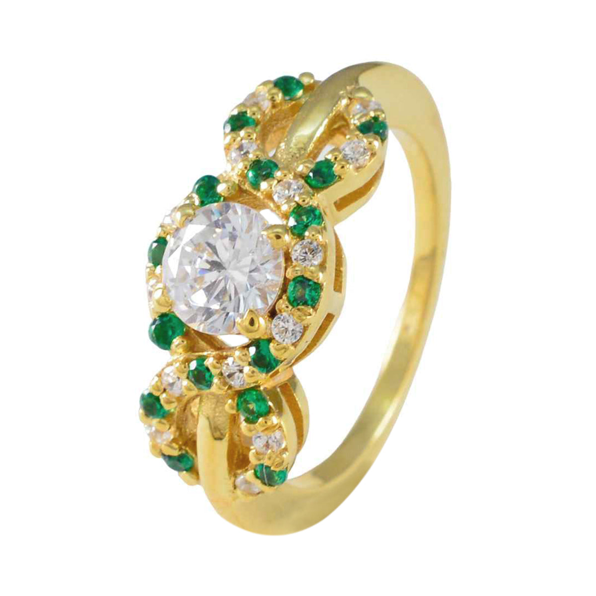 Riyo Indian Silver Ring With Yellow Gold Plating Emerald CZ Stone Round Shape Prong Setting  Jewelry Fathers Day Ring