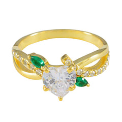 Riyo Jaipur Silver Ring With Yellow Gold Plating Emerald CZ Stone Heart Shape Prong Setting Antique Jewelry Graduation Ring