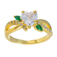 Riyo Jaipur Silver Ring With Yellow Gold Plating Emerald CZ Stone Heart Shape Prong Setting Antique Jewelry Graduation Ring