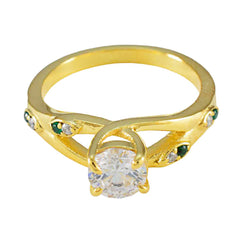 Riyo Jewelry Silberring mit gelber Vergoldung, Smaragd-CZ-Stein, runde Form, Krappenfassung, Brautschmuck, Halloween-Ring