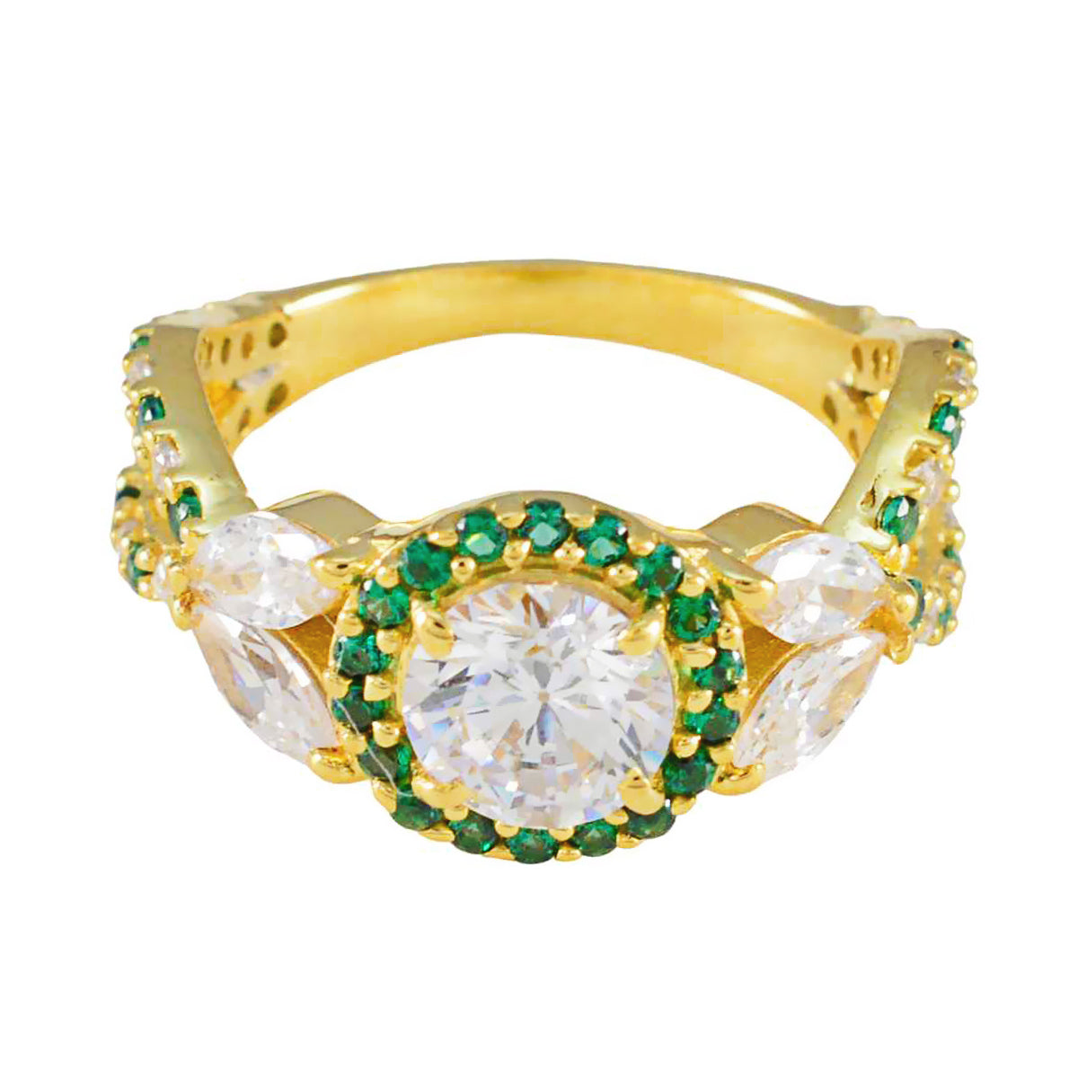riyo älskvärd silverring med gul guldplätering smaragd cz sten rund form uttagsinställning anpassade smycken nyårsring
