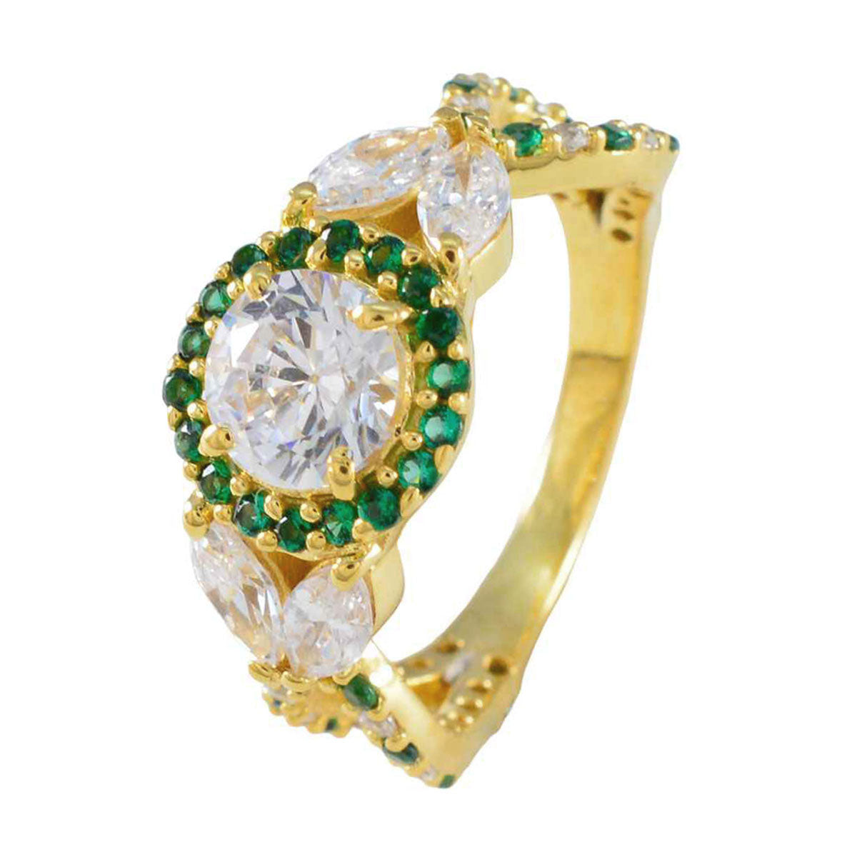 Riyo Lovable Silver Ring With Yellow Gold Plating Emerald CZ Stone Round Shape Prong Setting Custom Jewelry New Year Ring