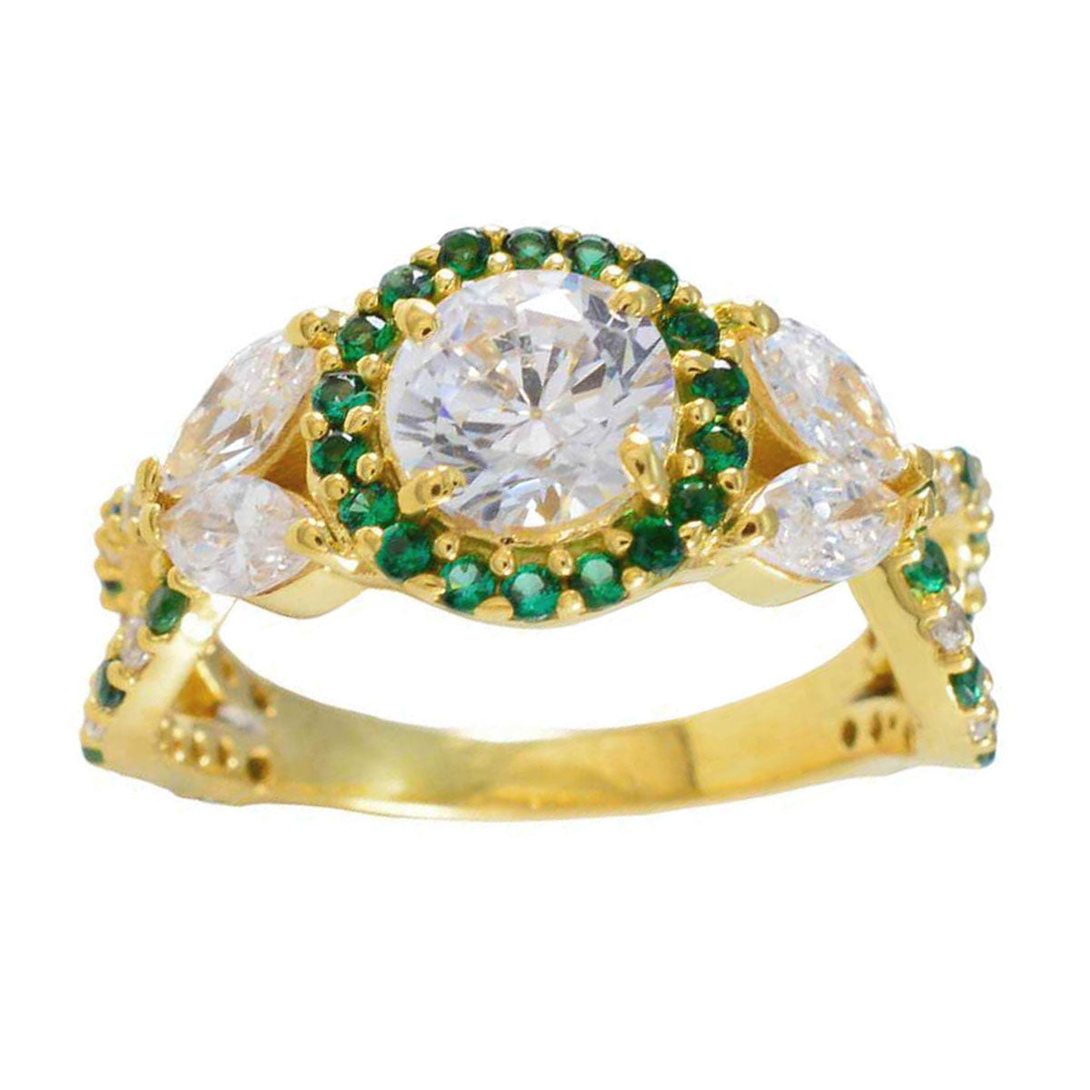 Симпатичное серебряное кольцо riyo с покрытием из желтого золота, изумрудный камень cz, круглая форма, установка зубца, ювелирное изделие на заказ, новогоднее кольцо