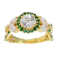 Riyo liebenswerter Silberring mit gelber Vergoldung, Smaragd-CZ-Stein, runde Form, Krappenfassung, individueller Schmuck, Neujahrsring