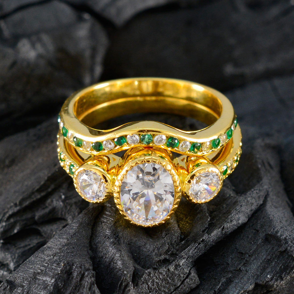 riyo tillverkare silverring med gul guldplätering smaragd cz sten oval form uttagsinställning snygg smycke tacksägelse ring