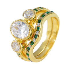 Riyo Manufacturer Silver Ring With Yellow Gold Plating Emerald CZ Stone Oval Shape Prong Setting Stylish Jewelry Thanksgiving Ring