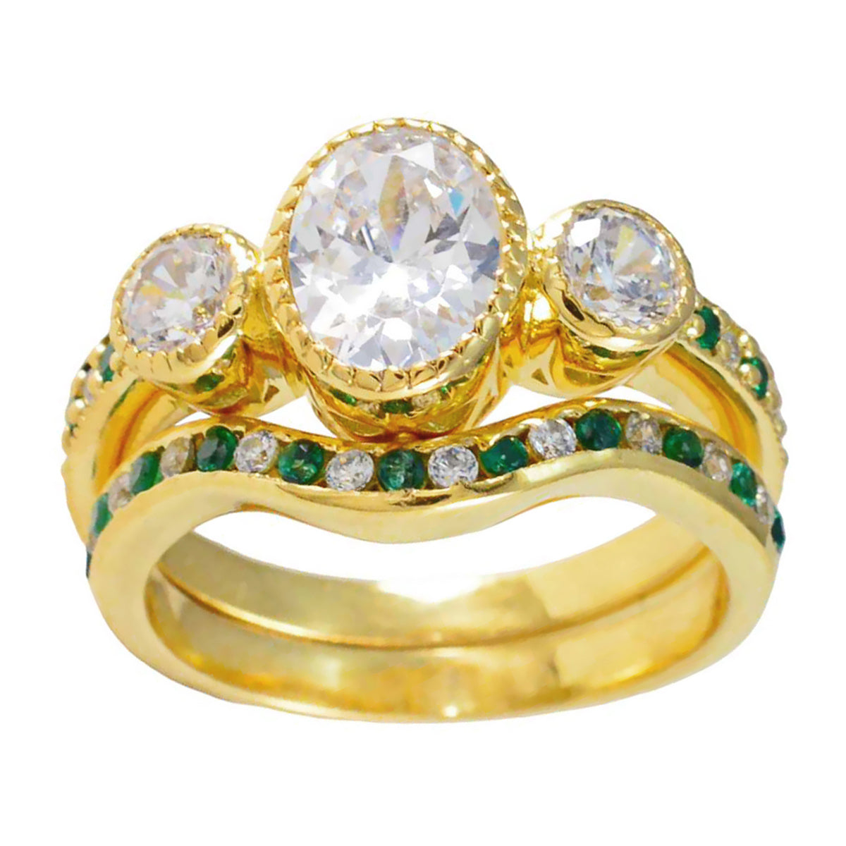Riyo-Hersteller Silberring mit Gelbgoldbeschichtung, Smaragd-CZ-Stein, ovale Krappenfassung, stilvoller Schmuck, Thanksgiving-Ring