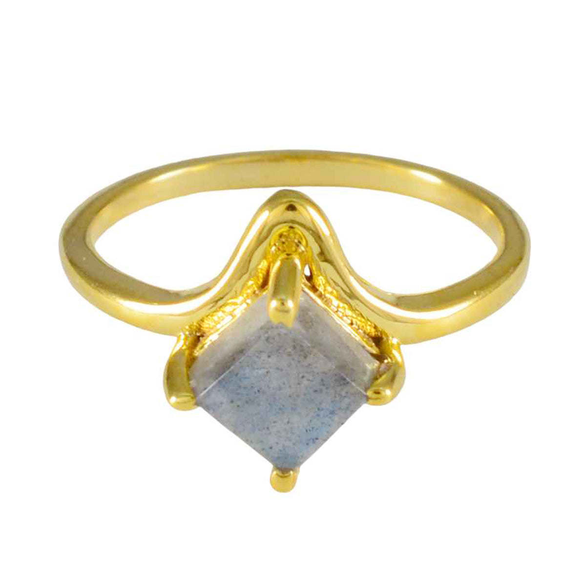 Anillo de plata general riyo con chapado en oro amarillo, piedra labradorita, forma cuadrada, ajuste de punta, joyería de diseñador, anillo de boda