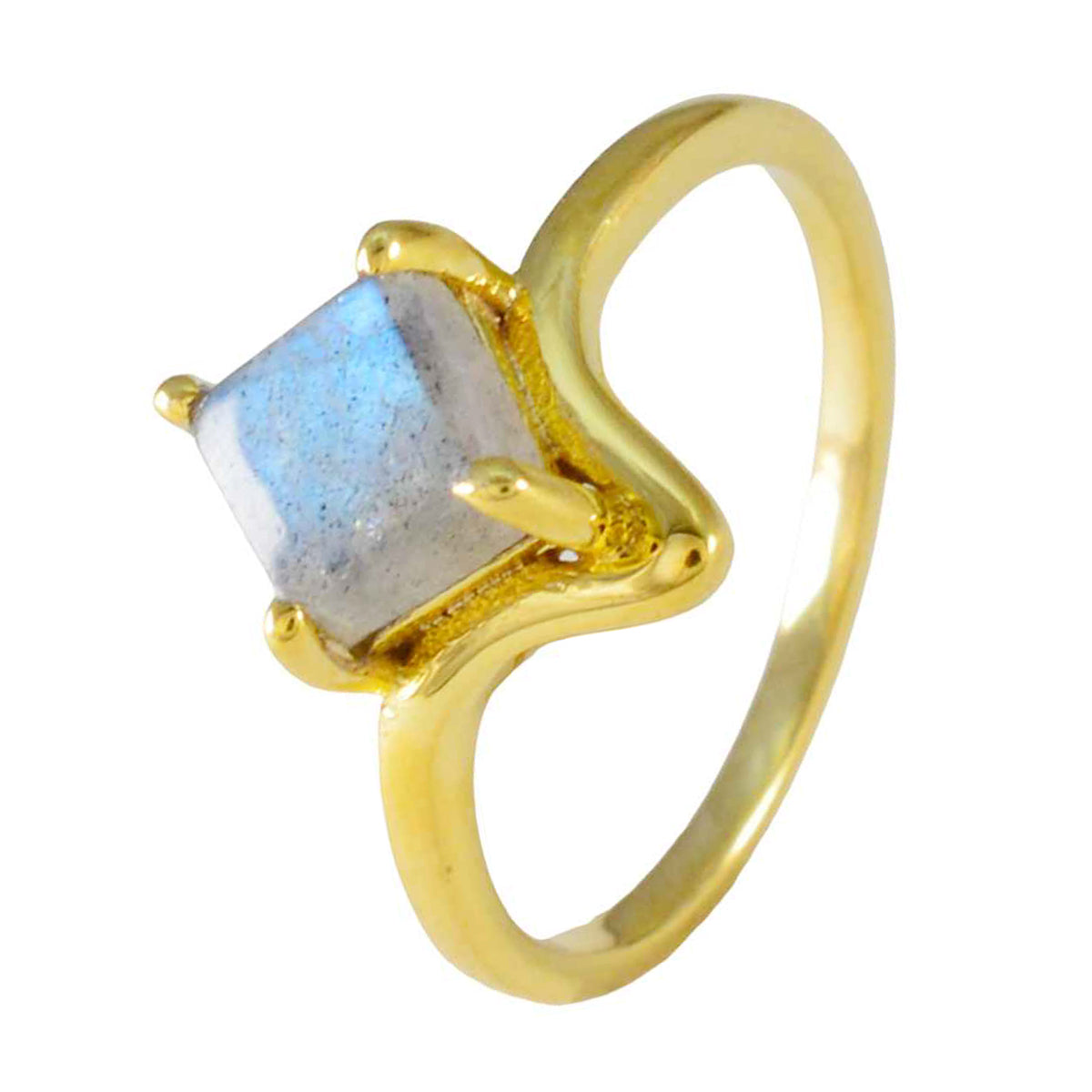 anello riyo in argento con placcatura in oro giallo, pietra labradorite, forma quadrata, montatura a punta, fede nuziale di gioielli firmati