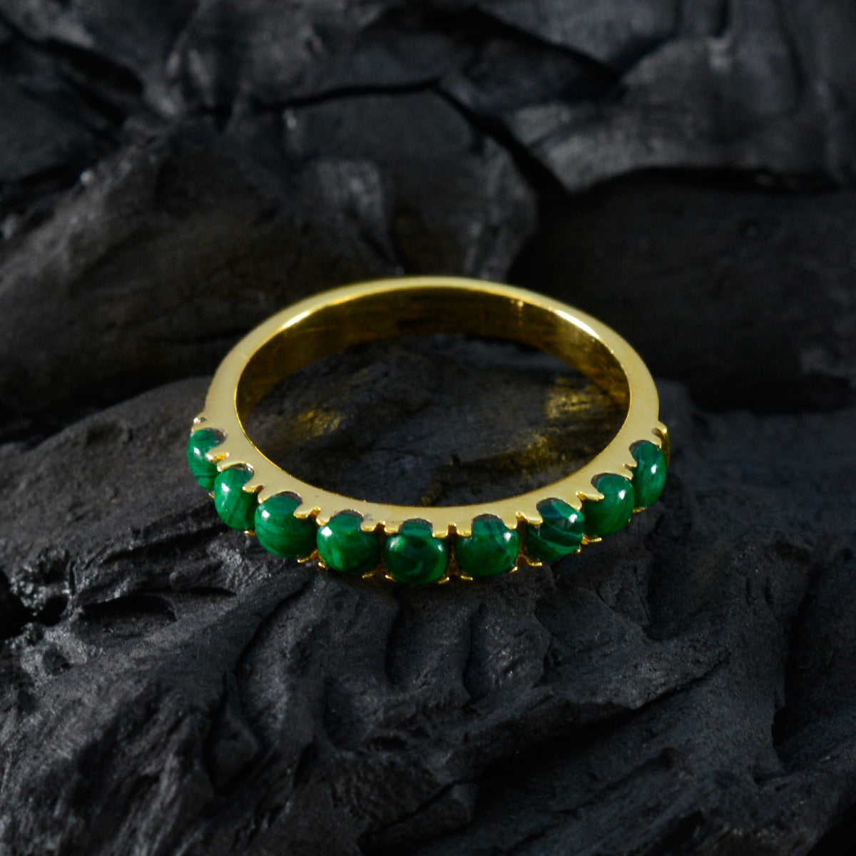 anello riyo perfetto in argento con placcatura in oro giallo, pietra di malachite, forma rotonda, con montatura a punta, anello per anniversario