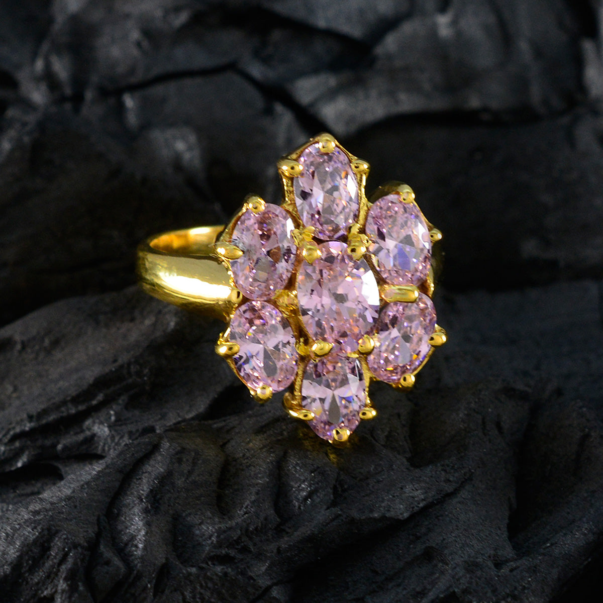Riyo Quantitative Silver Ring With Yellow Gold Plating Pink CZ Stone Oval Shape Prong Setting Bridal Jewelry Black Friday Ring