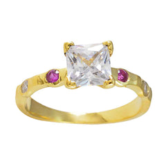 Riyo Supplies Silver Ring With Yellow Gold Plating Ruby CZ Stone square Shape Prong Setting Fashion Jewelry Engagement Ring