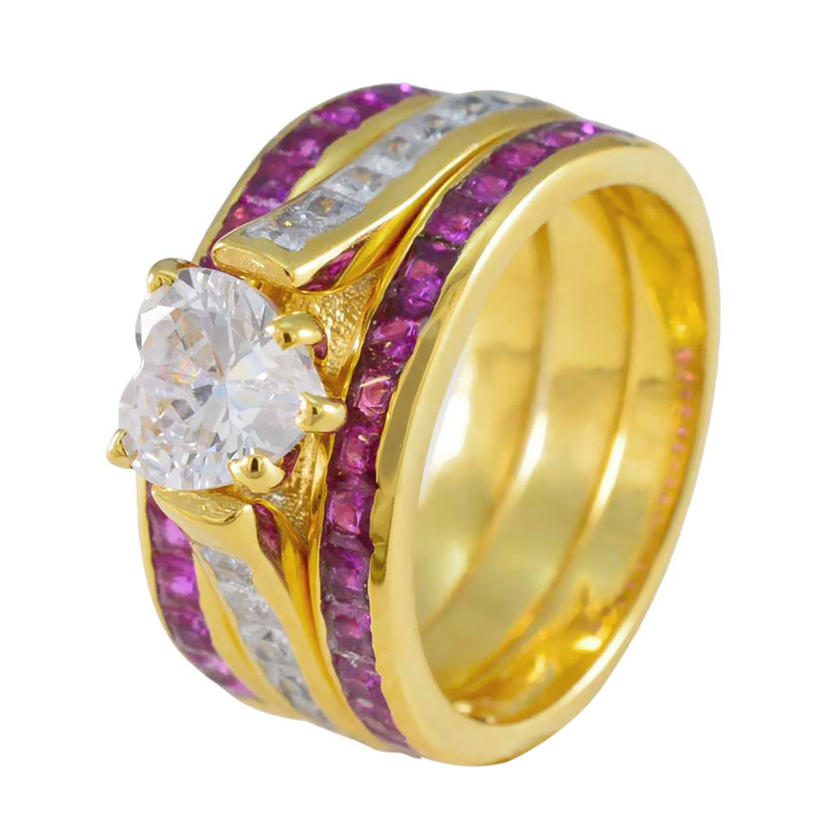 Riyo Wholesale Silver Ring With Yellow Gold Plating Ruby CZ Stone Heart Shape Prong Setting Bridal Jewelry Mothers Day Ring