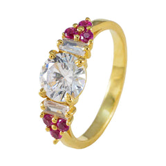 Riyo Attractive Silver Ring With Yellow Gold Plating Ruby CZ Stone Round Shape Prong Setting Stylish Jewelry Valentines Day Ring