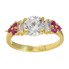 Riyo Attractive Silver Ring With Yellow Gold Plating Ruby CZ Stone Round Shape Prong Setting Stylish Jewelry Valentines Day Ring