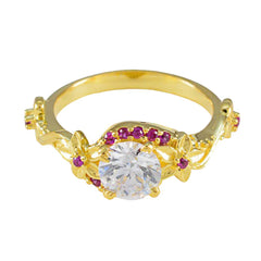 Riyo Beautiful Silver Ring With Yellow Gold Plating Ruby CZ Stone Round Shape Prong Setting Fashion Jewelry Wedding Ring
