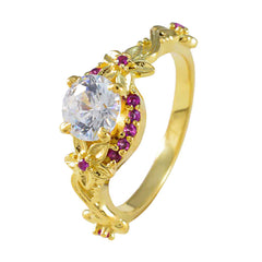 リヨ美しいシルバーリングイエローゴールドメッキルビー cz ストーンラウンド形状プロングセッティングファッションジュエリー結婚指輪