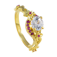 Hermoso anillo de plata riyo con chapado en oro amarillo, piedra de rubí cz, ajuste de punta redonda, joyería de moda, anillo de boda