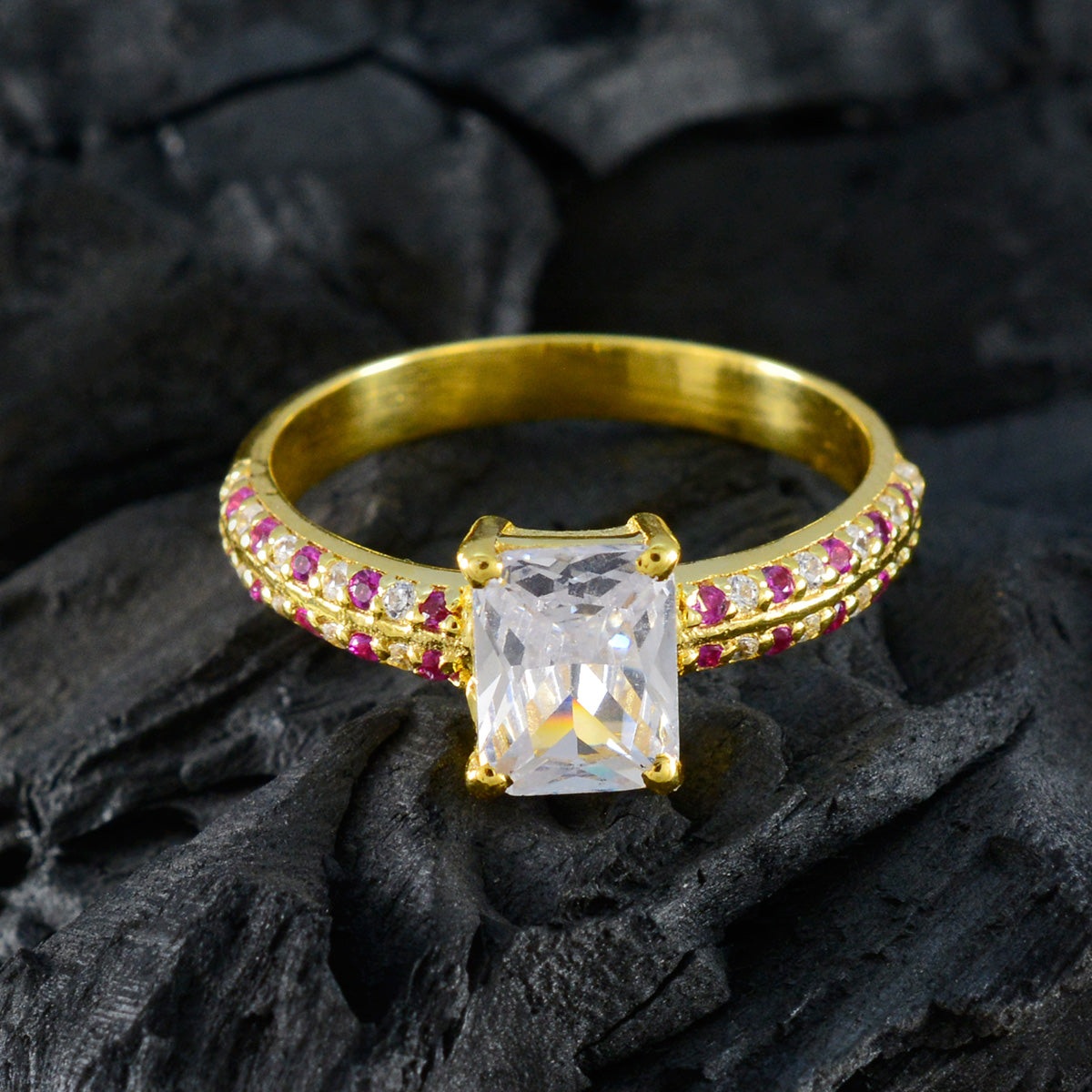 RIYO объемное серебряное кольцо с покрытием из желтого золота, рубин, камень cz, восьмиугольная форма, зубец, ювелирное кольцо, кольцо на день рождения