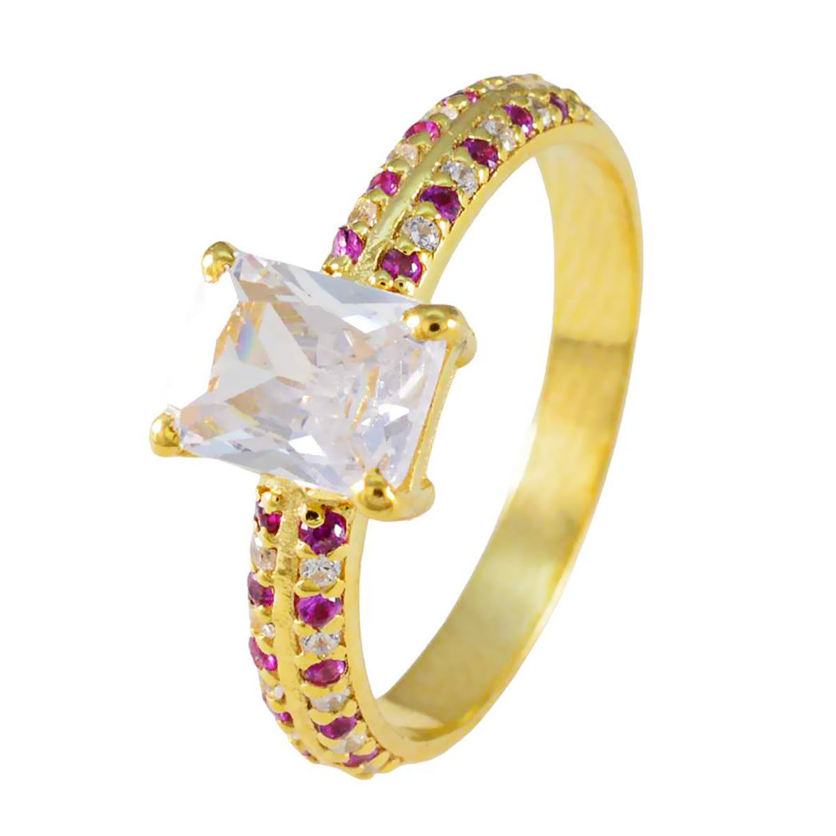 Anillo de plata a granel riyo con chapado en oro amarillo, piedra de rubí cz, forma octágono, ajuste de punta, joyería, anillo de cumpleaños