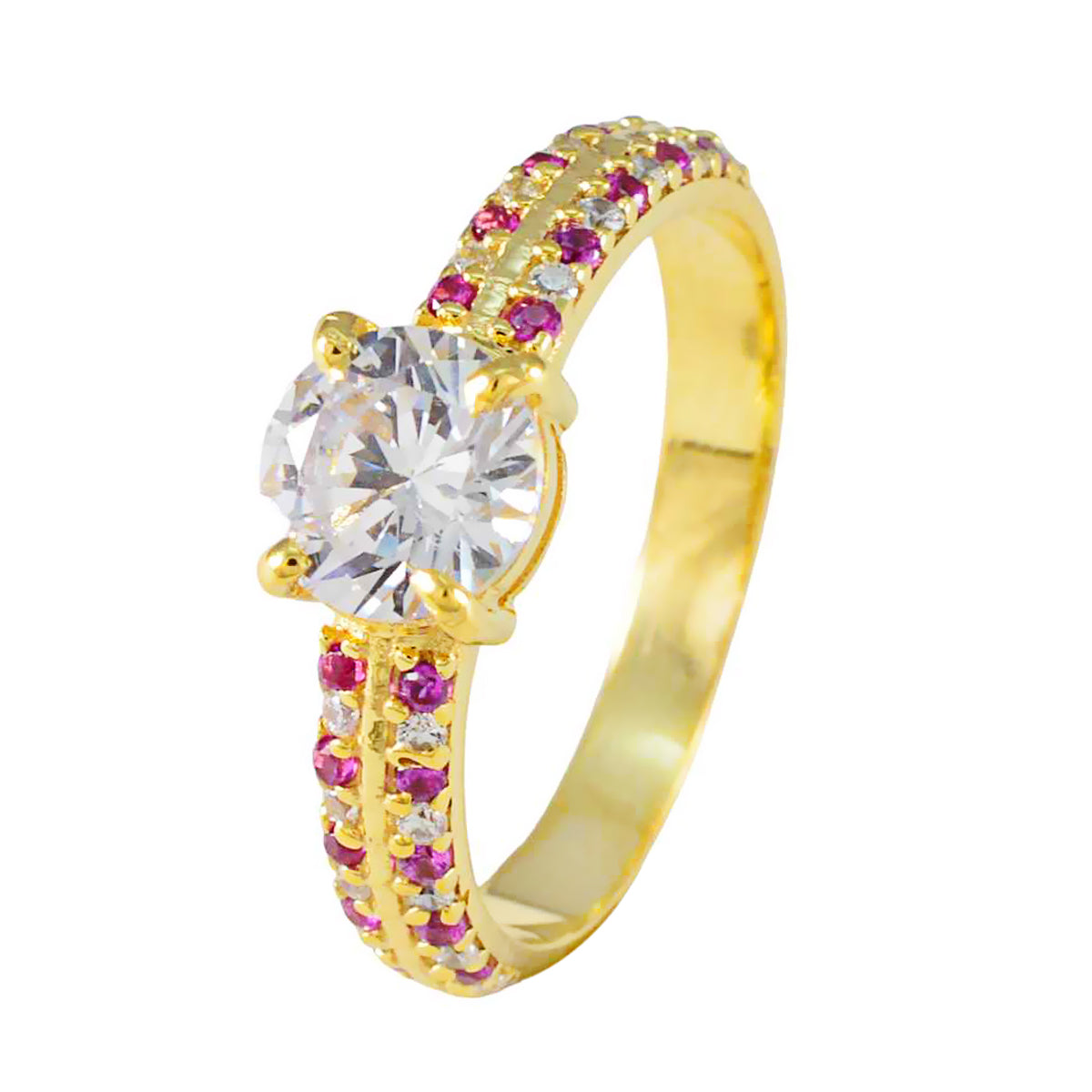 Riyo Classical Silver Ring With Yellow Gold Plating Ruby CZ Stone Round Shape Cocktail Ring
