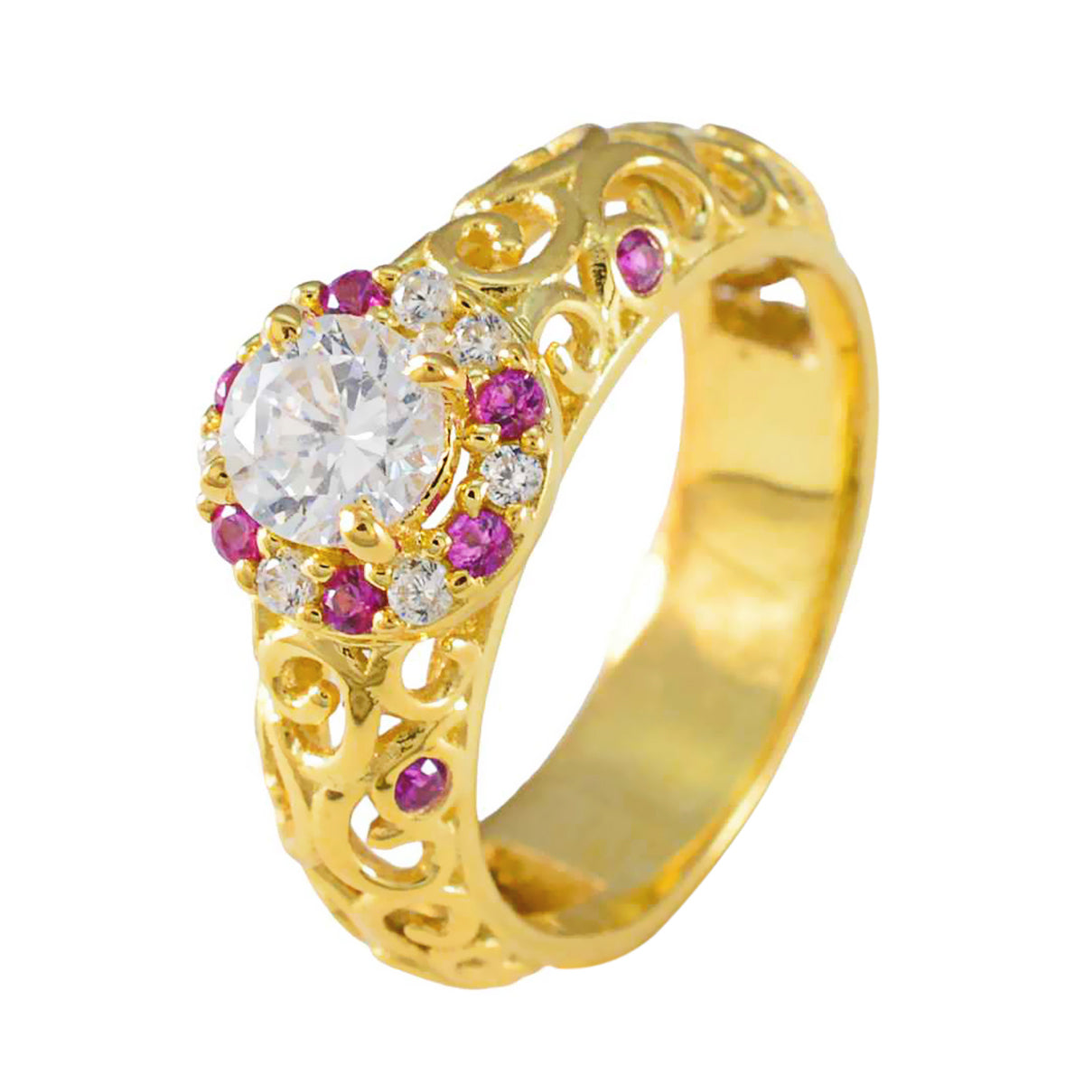 Riyo Complete Silver Ring With Yellow Gold Plating Ruby CZ Stone Round Shape Prong Setting Ring