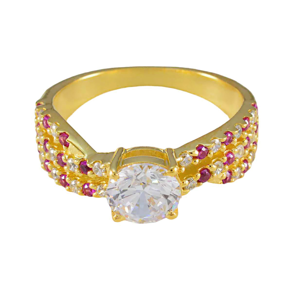 Anillo de plata personalizado riyo con anillo de compromiso de forma redonda de piedra de rubí cz chapado en oro amarillo