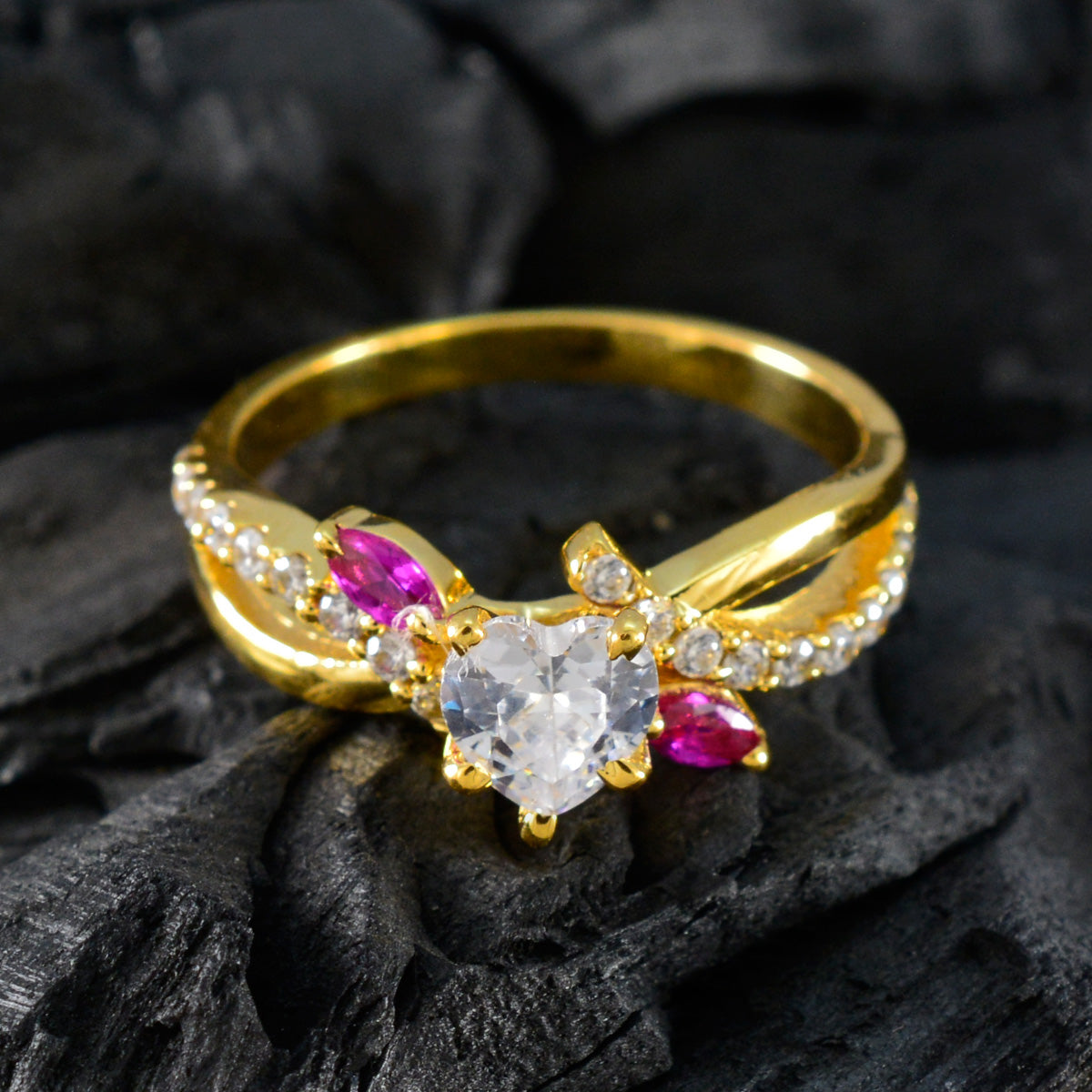 Anillo de plata antigua riyo con chapado en oro amarillo, anillo de cumpleaños con forma de corazón de piedra de rubí cz