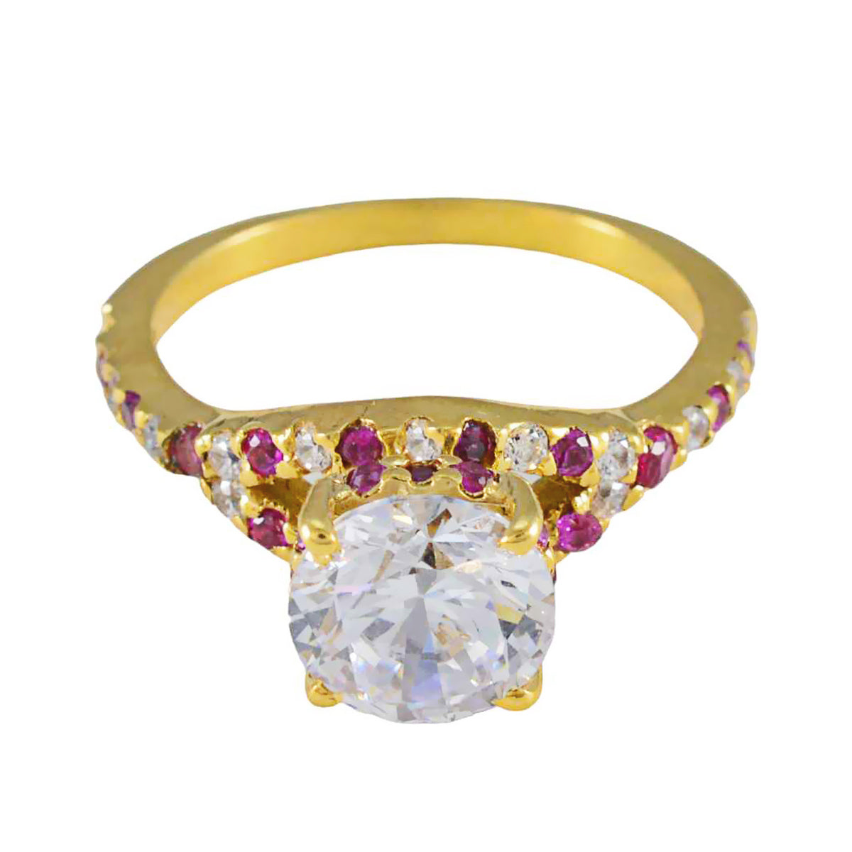 Atractivo anillo de plata riyo con anillo de ajuste de punta de forma redonda de piedra de rubí cz chapado en oro amarillo