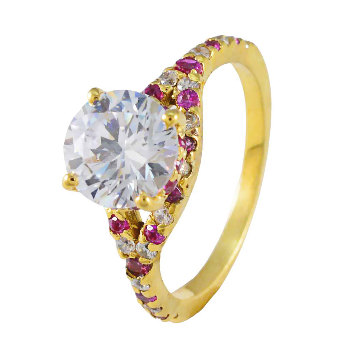 Atractivo anillo de plata riyo con anillo de ajuste de punta de forma redonda de piedra de rubí cz chapado en oro amarillo