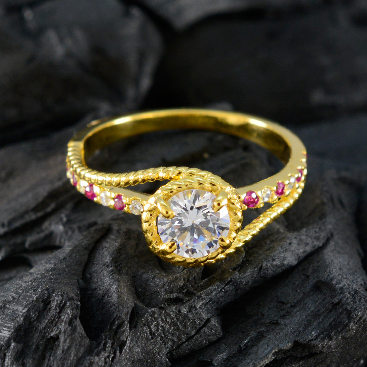 Riyo Beautiful Silver Ring With Yellow Gold Plating Ruby CZ Stone Round Shape Prong Setting  Jewelry