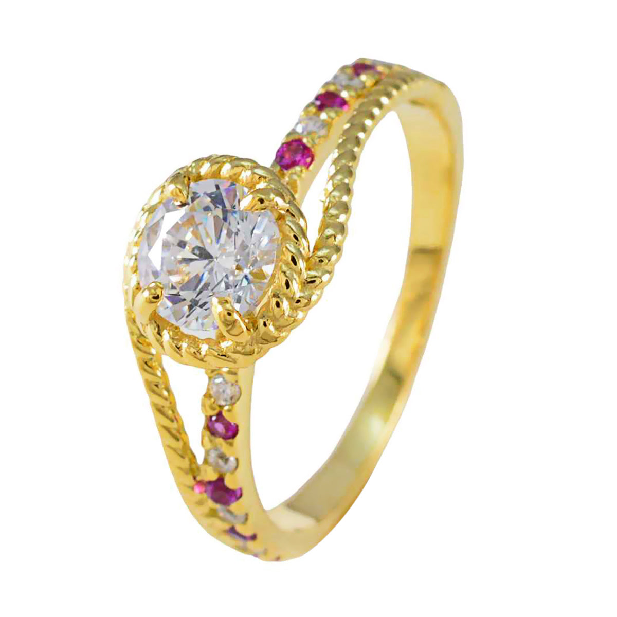 Hermoso anillo de plata riyo con chapado en oro amarillo, piedra de rubí cz, joyería con engaste de punta redonda