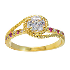 Riyo Beautiful Silver Ring With Yellow Gold Plating Ruby CZ Stone Round Shape Prong Setting  Jewelry