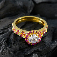 Riyo Best Silver Ring With Yellow Gold Plating Ruby CZ Stone Round Shape Prong Setting Cocktail Ring
