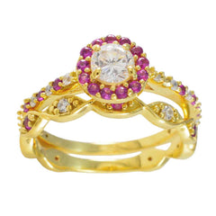 Riyo Bulk Silver Ring With Yellow Gold Plating Ruby CZ Stone Round Shape Prong Setting Ring