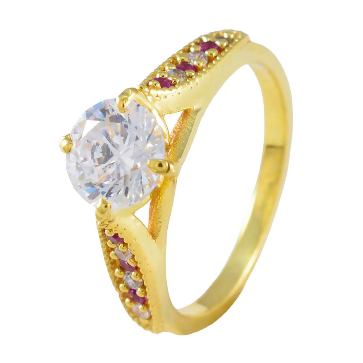 Encantador anillo de plata riyo con anillo de compromiso con forma redonda de piedra de rubí cz chapado en oro amarillo