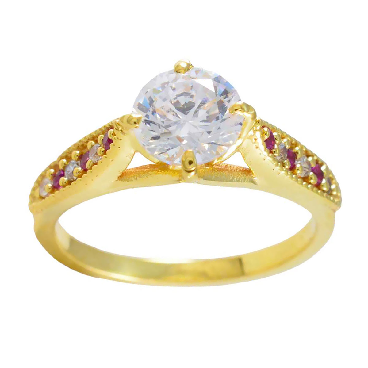 affascinante anello in argento riyo con anello di fidanzamento a punta rotonda con rubino placcato in oro giallo